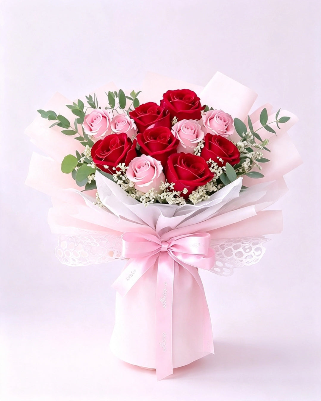 Fresh 6 red roses and 4 soft pink roses bouquet