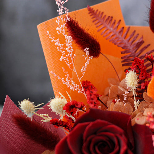 Burgundy and Orange Preserved Rose Bouquet – Dried Flower Gift