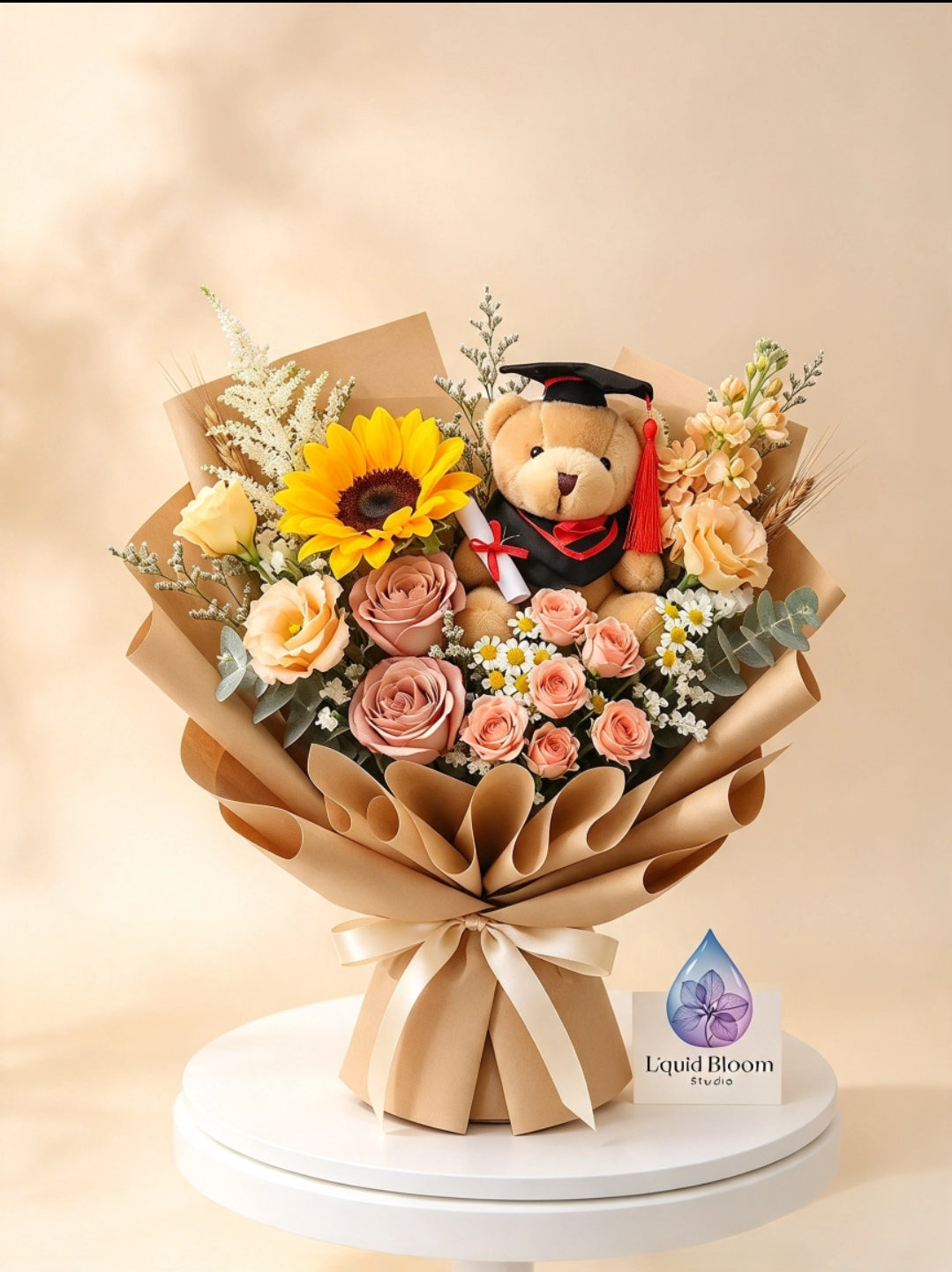 Fresh graduation bouquet sunflower and peace roses series