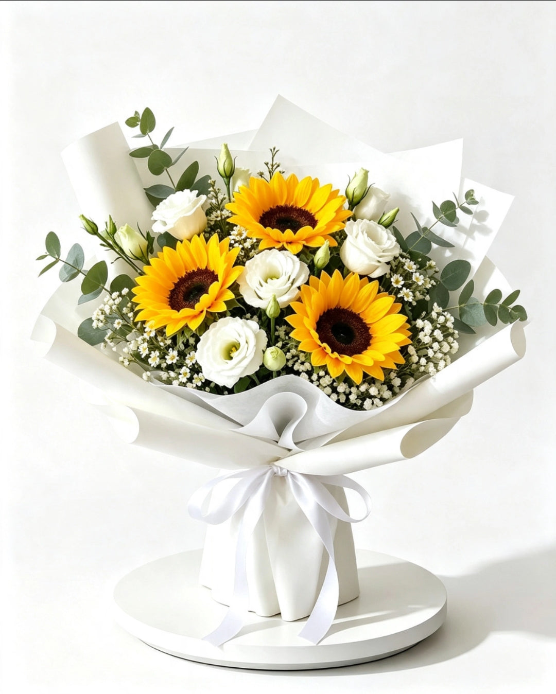 Fresh 3 bright sunflowers, white lisianthus bouquet