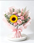 Fresh sunflower, soft pink roses & carnations bouquet