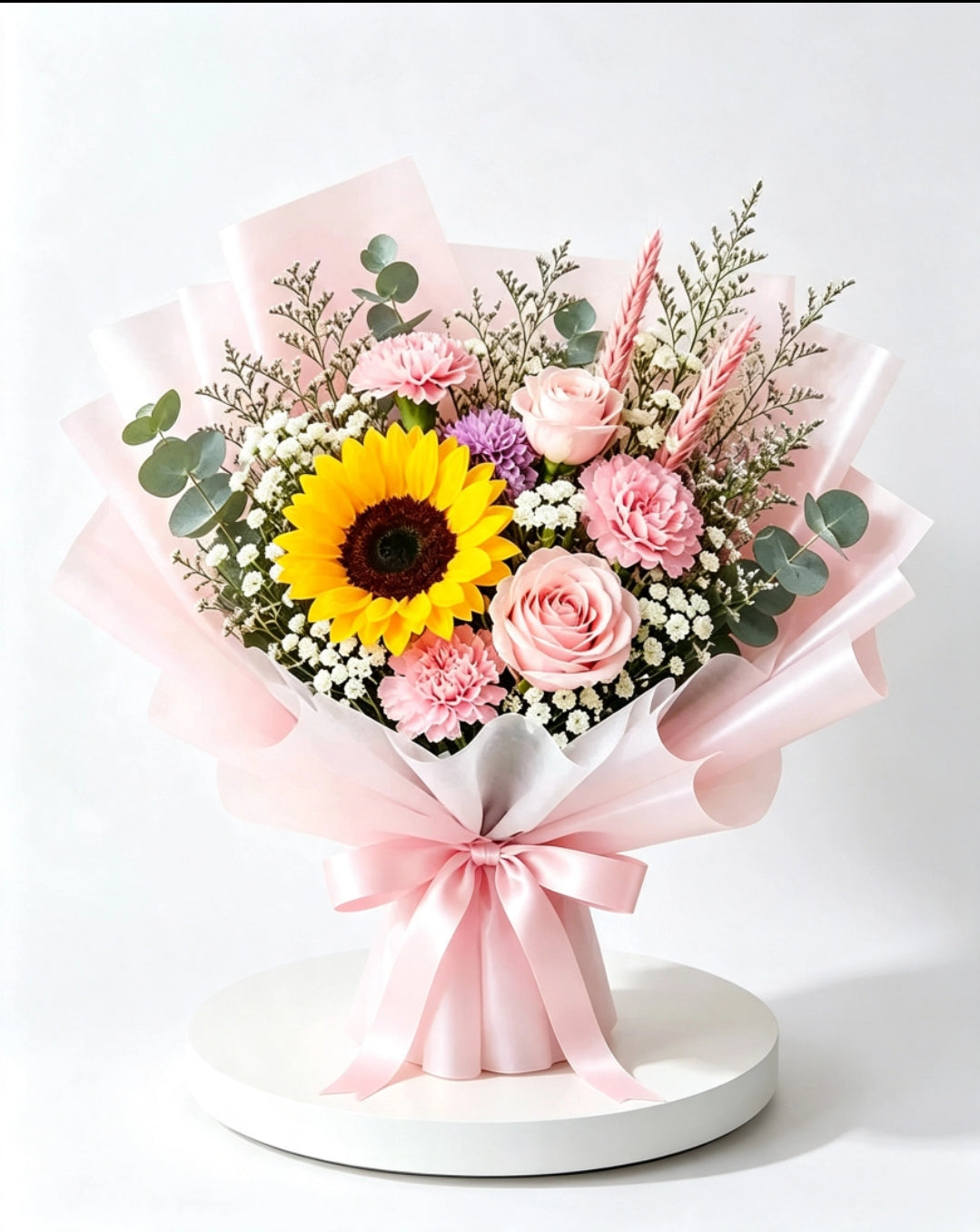 Fresh sunflower, soft pink roses & carnations bouquet